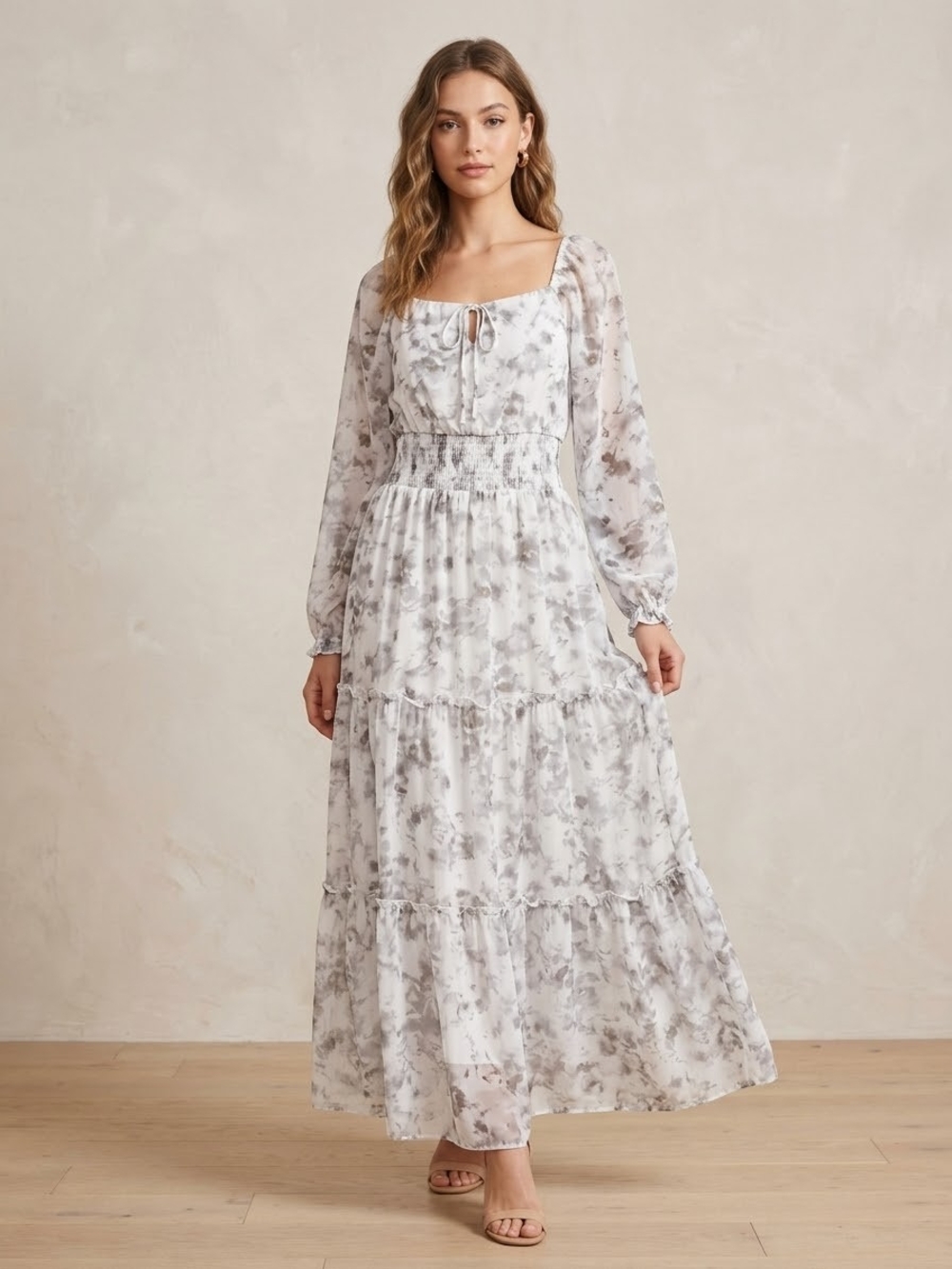Baltic Born White and Gray Floral Smocked Maxi Dress